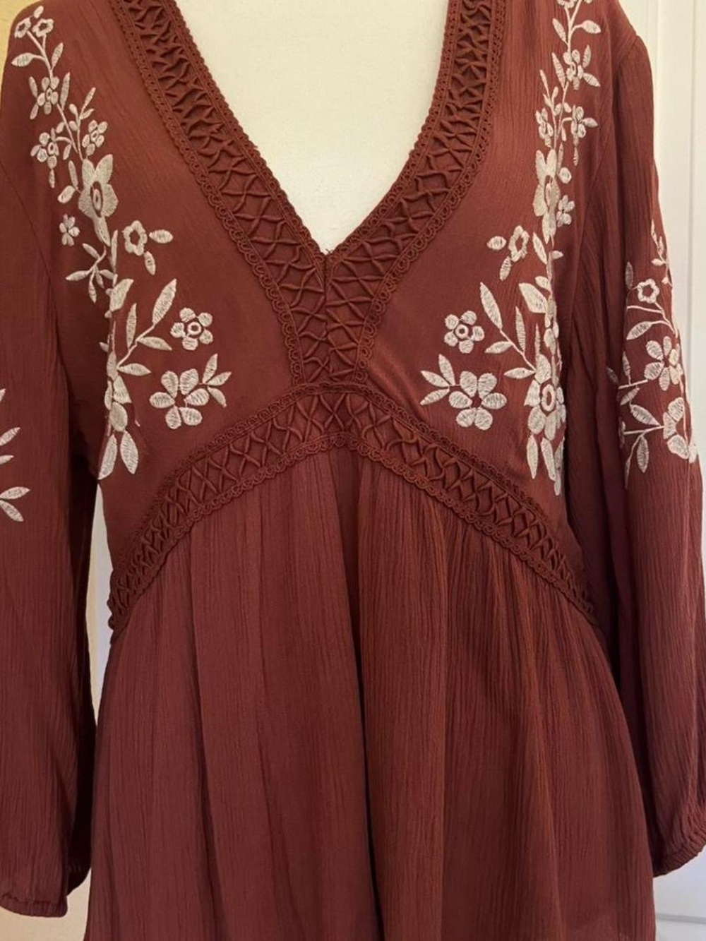 Women's Rust Embroidered V-Neck Dress